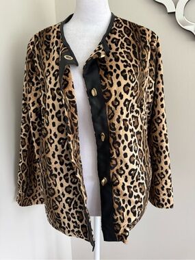 Jaclyn Smith Leopard Print Blazer with Black Trim and Gold Buttons